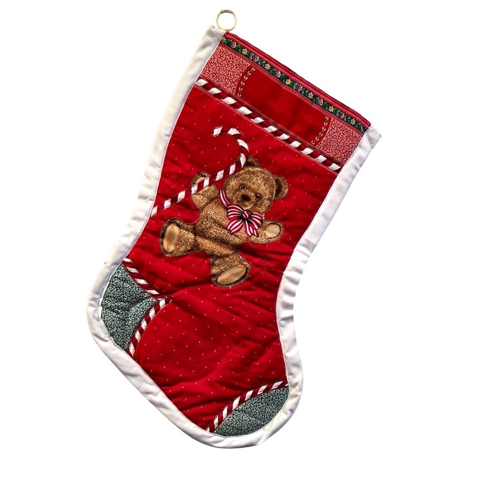 Quilted Red Christmas Stocking With Teddy Bear & Candy Cane Applique - 20" Long